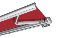 Moderne Markise mit rotem Stoff und silbernem Gestell